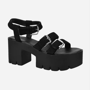 ReadySalted Women's Chunky Platform 3 Buckle Platform Sandals Black Suede 6